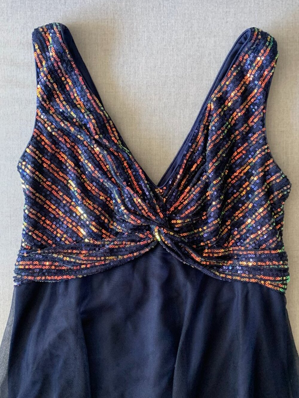 Navy Beaded V-Neck Prom Dress